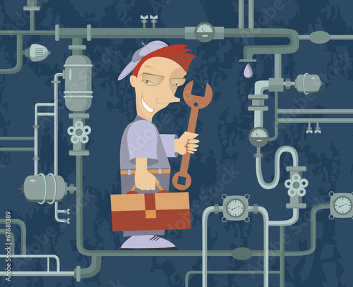 Comic mechanic repairs pipe construction