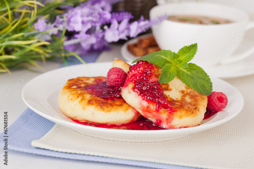 cheese pancake with raspberry jam and mint cheese pancake with raspberry jam and mint