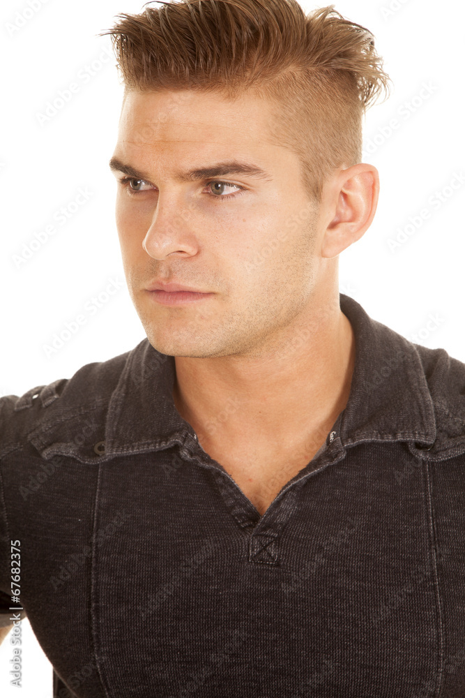 man gray shirt close look to side man gray shirt close look to side