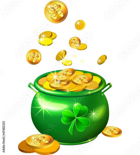 vector St. Patrick`s Day green pot with gold coins