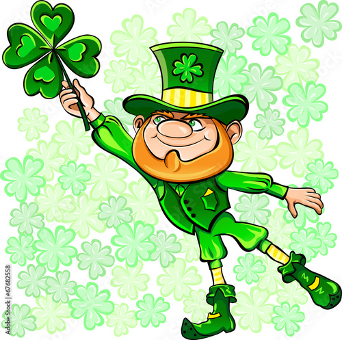 Vector St. Patrick's Day leprechaun on the fly leaf clover