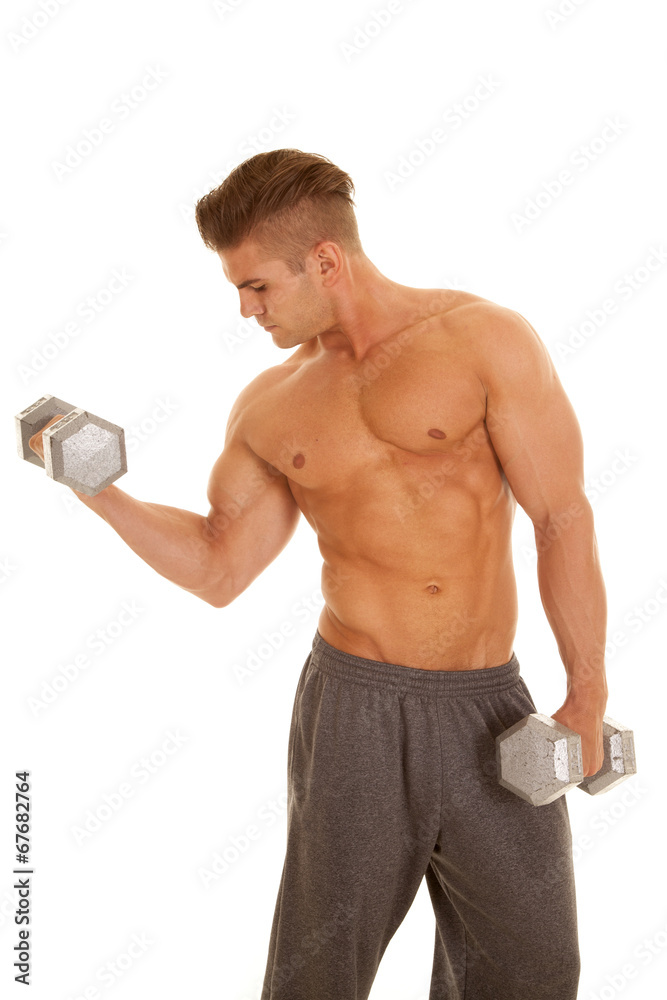 man no shirt weights curl one hold one