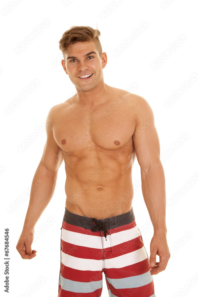 man red white stripe shorts look smile