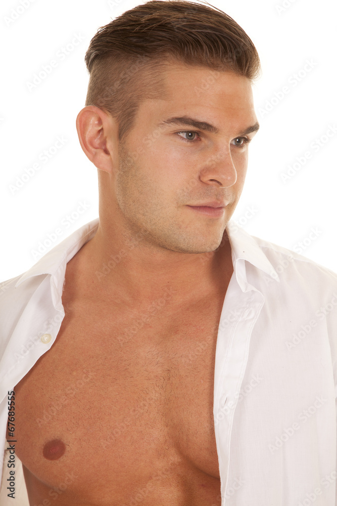 Obraz premium man white dress shirt unbuttoned close look to side