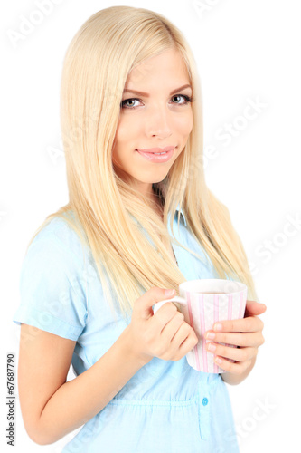 Young beautiful woman with cup of tea isolated on white