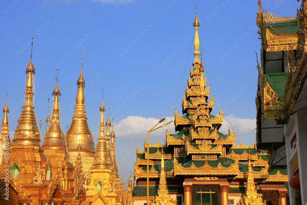 Fototapeta premium Rooftops of the temples, Shwedagon Pagoda complex, Yangon, Myanm