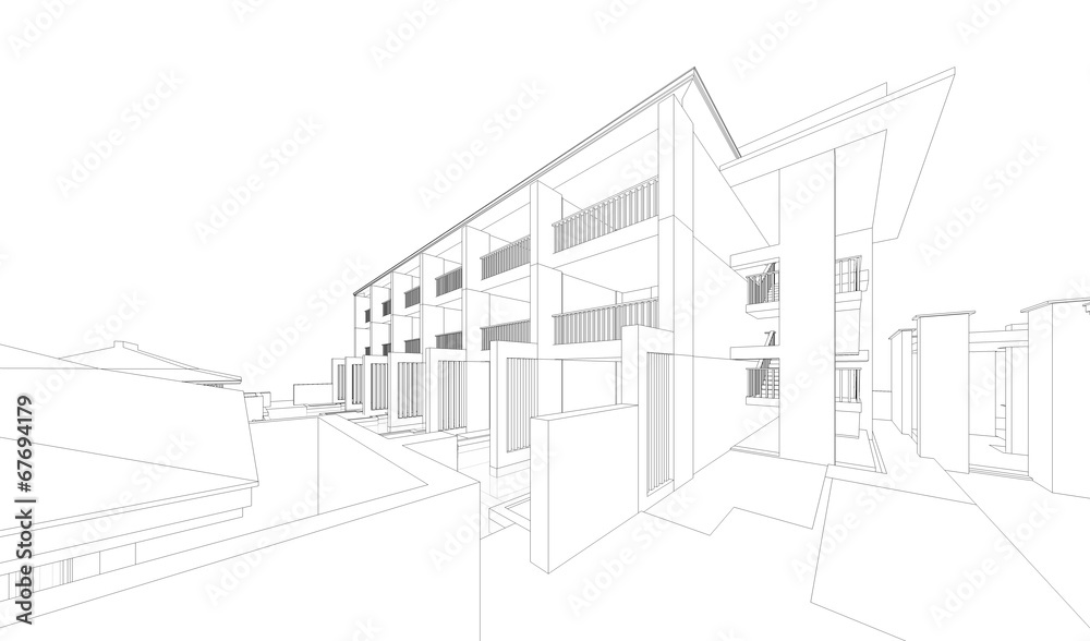 3D wireframe of building 