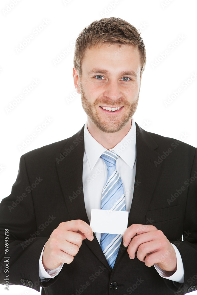 Happy Businessman Holding Visiting Card Happy Businessman Holding Visiting Card