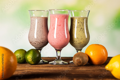 Healthy diet, protein shakes and fruits photo