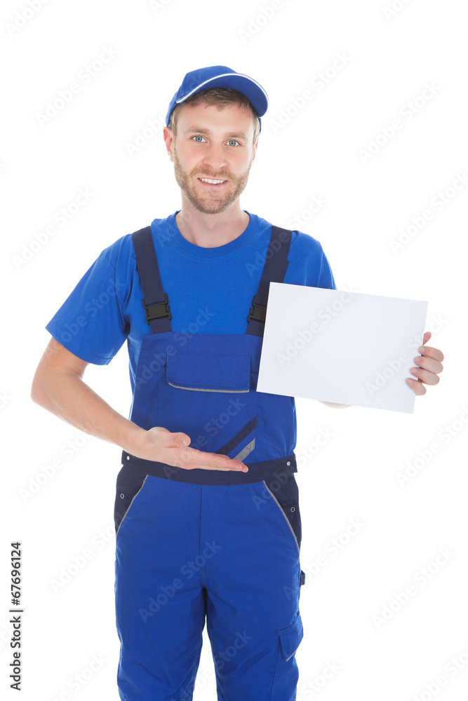 Confident Male Servant Holding Blank Placard Confident Male Servant Holding Blank Placard