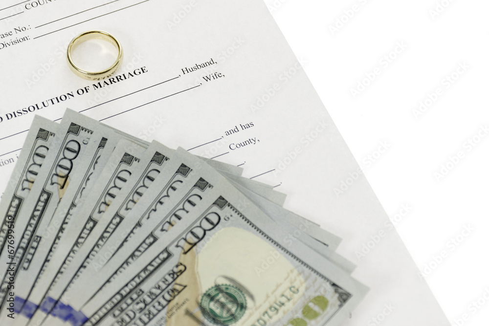 Divorce Form With Hundred Dollars Bills Spread Out On Top Divorce Form With Hundred Dollars Bills Spread Out On Top