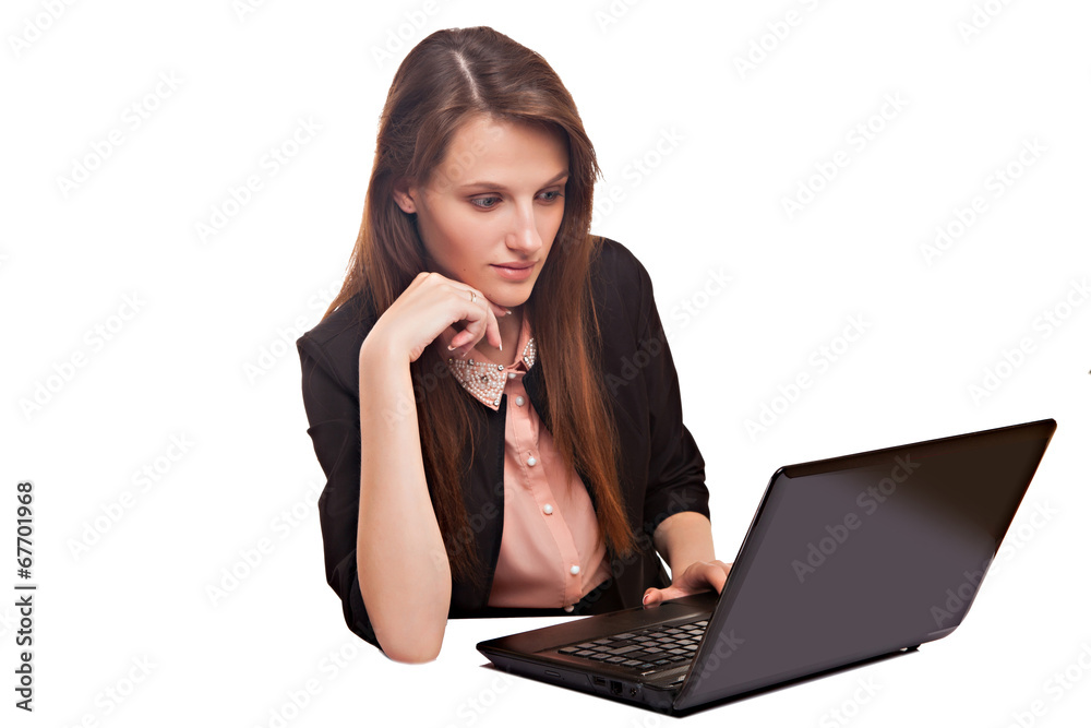 beautiful business woman smile sitting using laptop, isolated beautiful business woman smile sitting using laptop, isolated