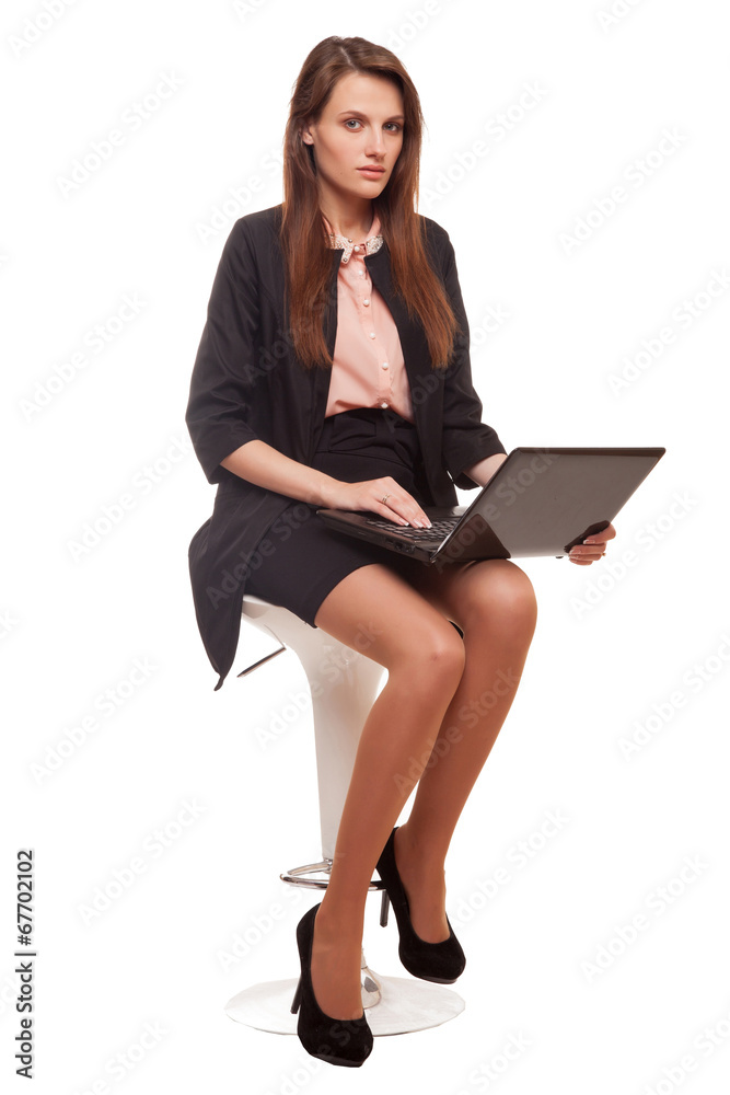 beautiful business woman smile sitting using laptop, isolated beautiful business woman smile sitting using laptop, isolated
