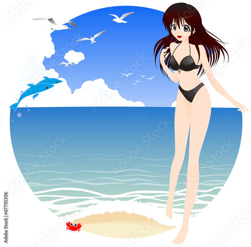 海辺と水着姿の女の子