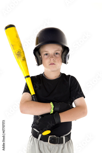 Sticker Small boy holding his baseball bat with a serious expression