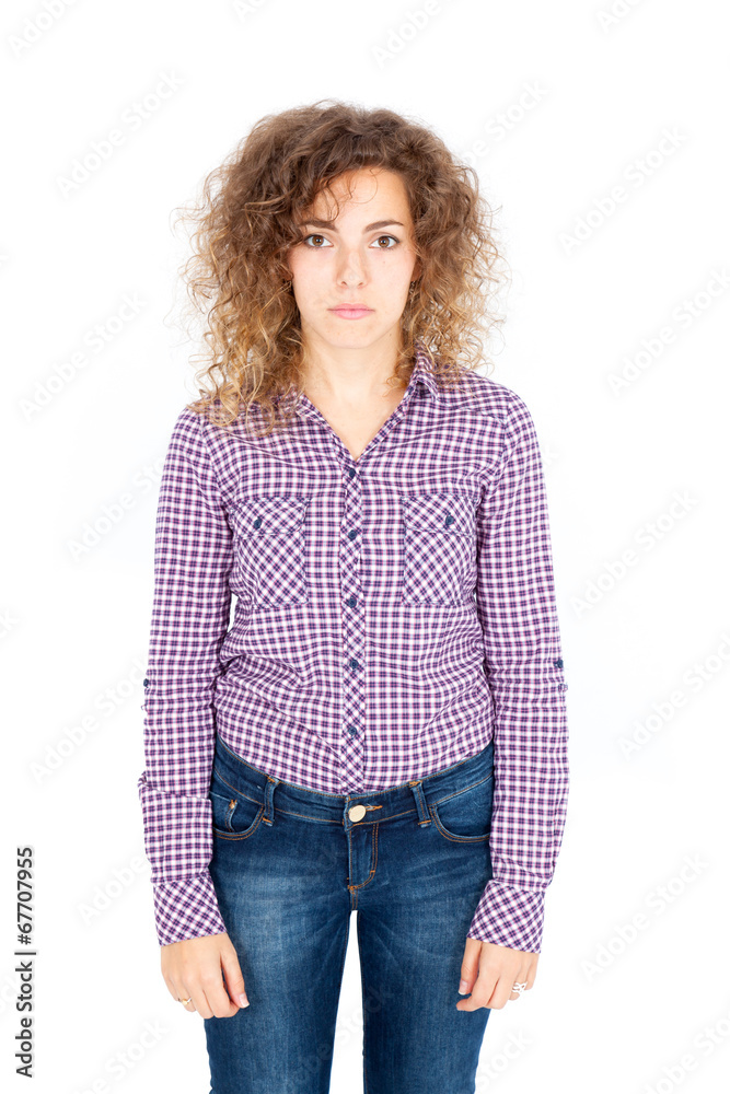 Beautiful Hispanic woman doing different expressions in different sets of clothes: at attention Beautiful Hispanic woman doing different expressions in different sets of clothes: at attention