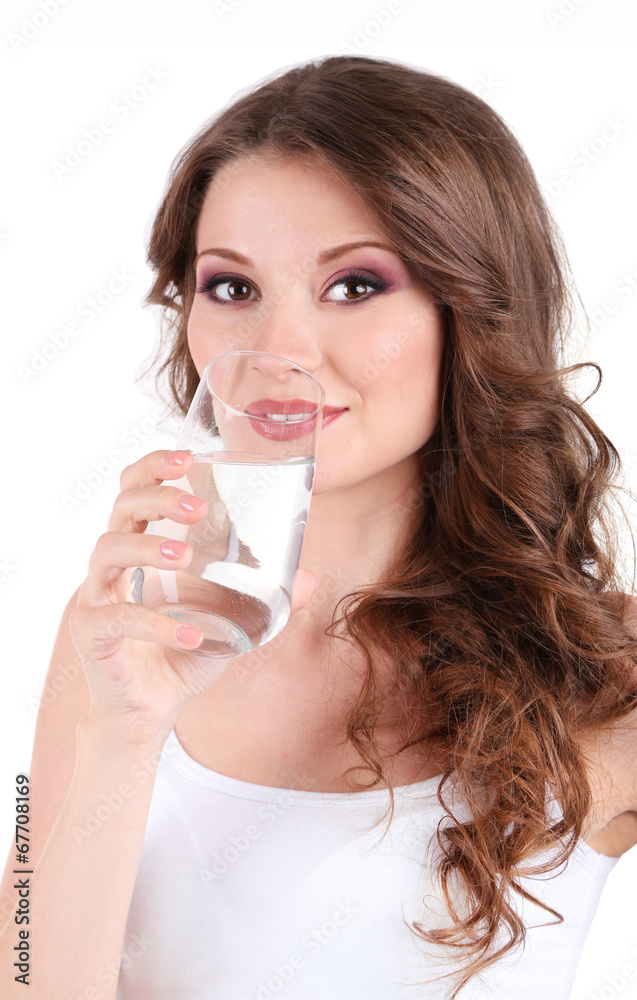 Beautiful young girl drinks water isolated on white Beautiful young girl drinks water isolated on white