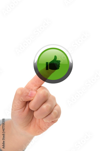 Asian child finger touching like button on a virtual touch scree