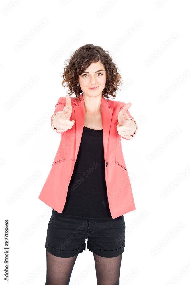 Beautiful Hispanic woman doing different expressions in different sets of clothes: gun sign Beautiful Hispanic woman doing different expressions in different sets of clothes: gun sign