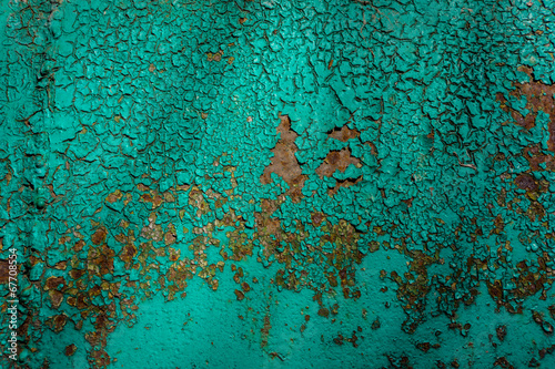 Old Cracked Green Metal Coating. Rusty Sheet Vintage Grunge Damaged