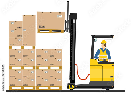 Yellow forklift (reach truck) on a white background
