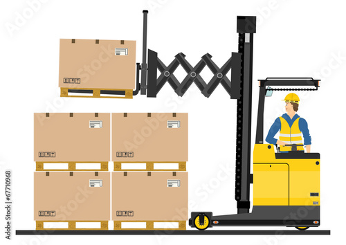 Yellow forklift (reach truck) on a white background