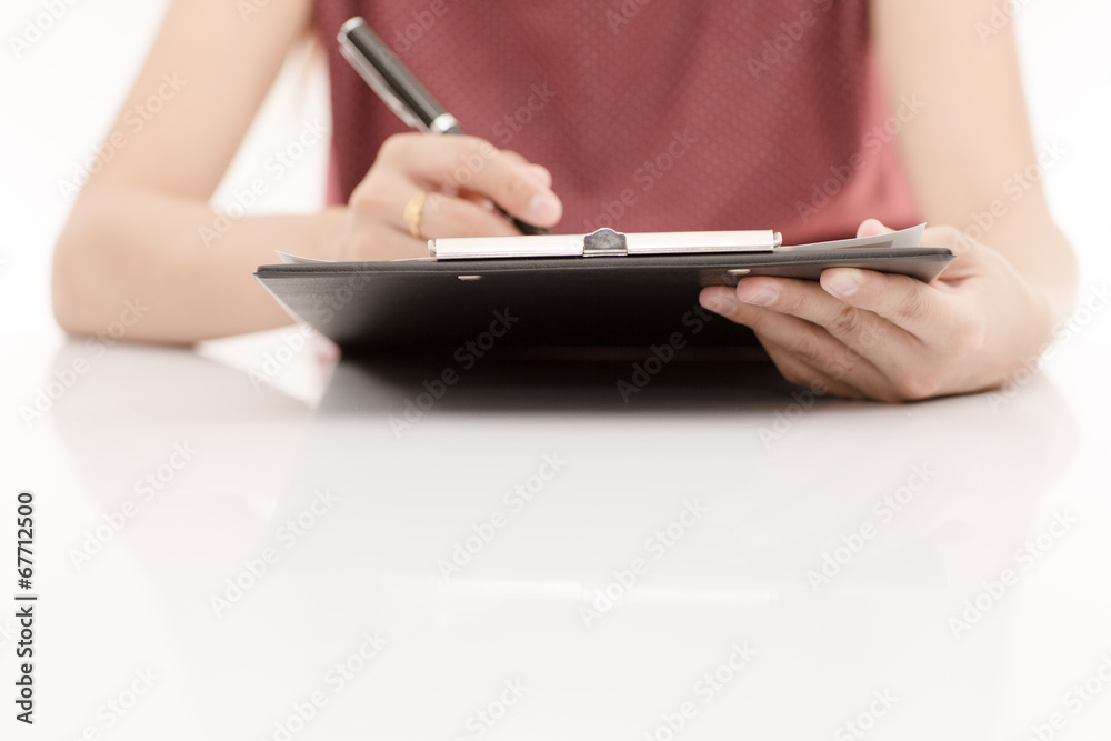 woman hand with pen and business report. Accounting woman hand with pen and business report. Accounting