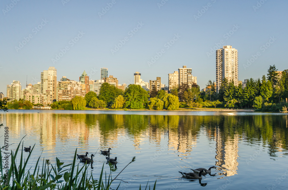 Vancouver Skyline and Reflection in Water at Sunset