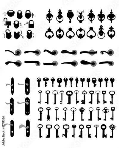 Silhouettes of door handle, knocker, latch, keys and padlocks