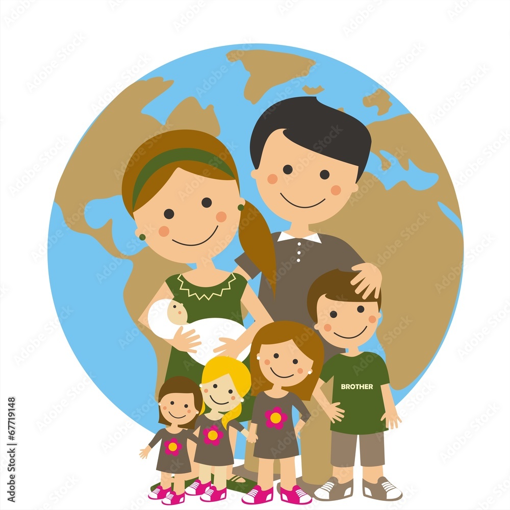 Familia numerosa. Personajes infantiles. Fondo con la imagen de la Tierra. Ilustración vectorial