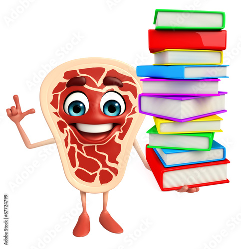 Meat steak character with Books pile
