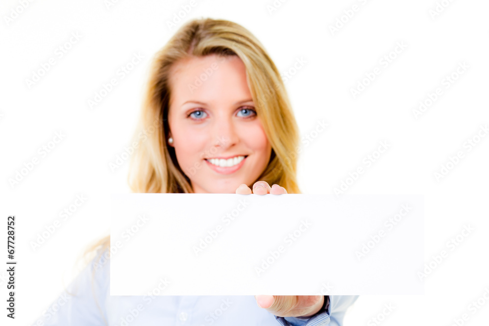 blonde woman with an advertising sign