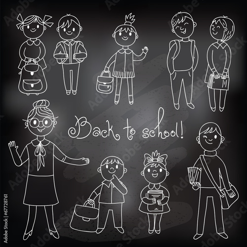 The teacher with the students. Drawing chalk