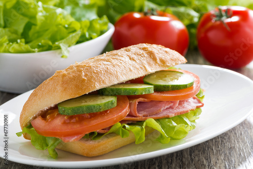 sandwich with ham and fresh vegetables on a plate