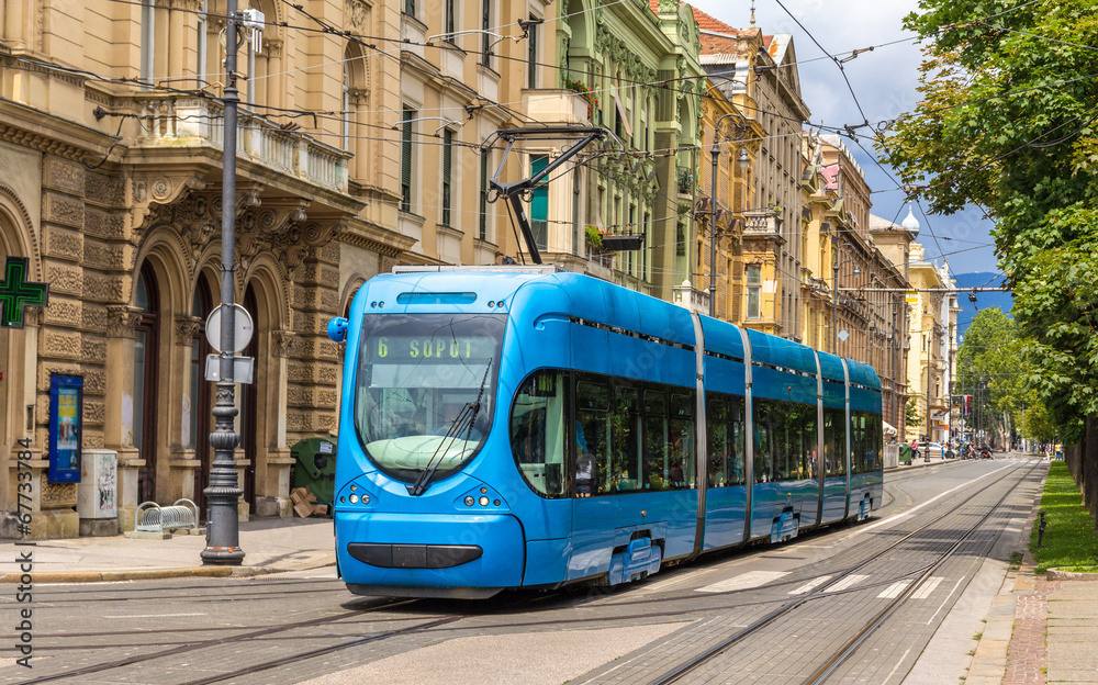 Modern tram on a street of Zagreb, Croatia