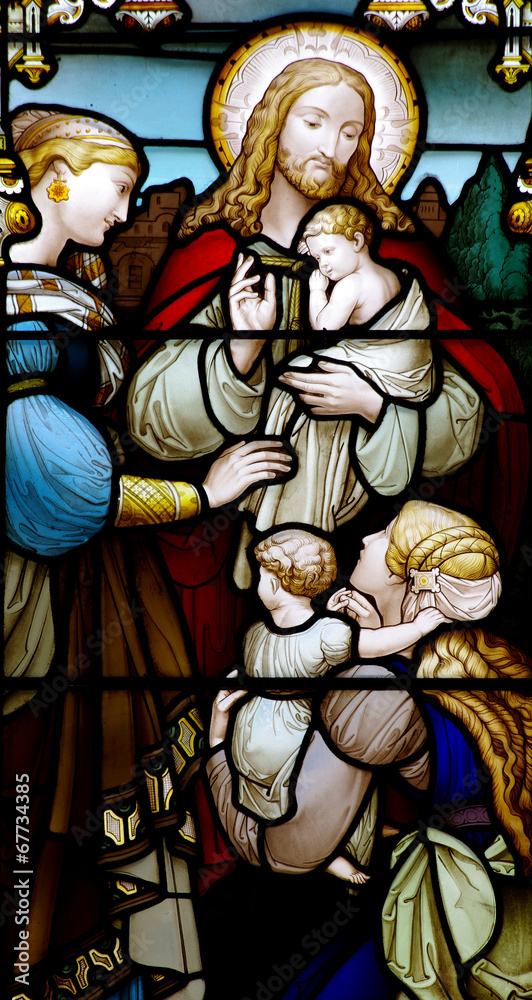 Jesus Christ with children in stained glass