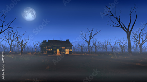 Remote wooden cabin in misty landscape with dead trees at moonli photo