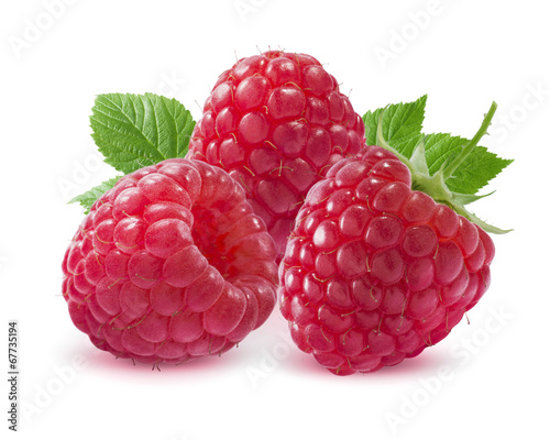Three raspberries isolated on white background