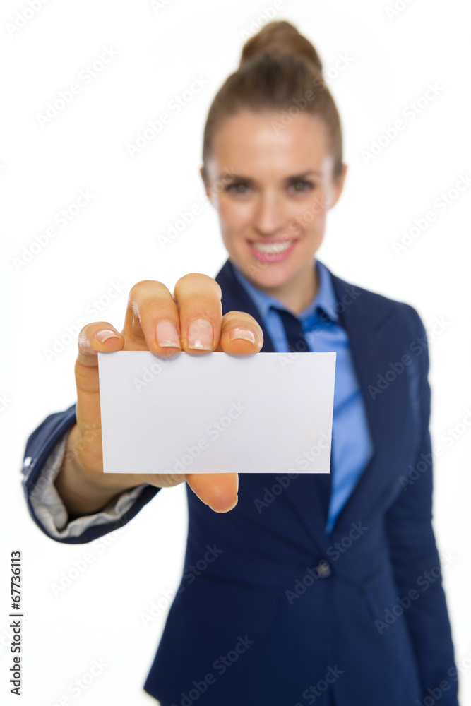 Closeup on happy business woman showing business card Closeup on happy business woman showing business card