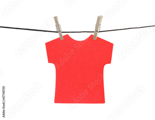Flat red T-shirt sticky note hanged, isolated
