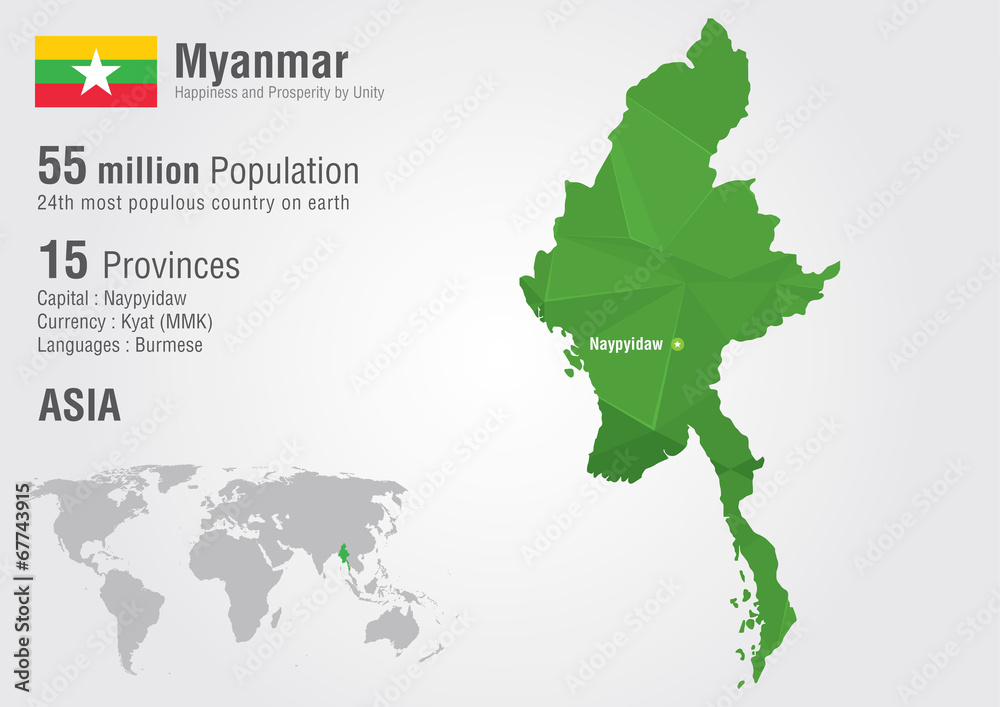 Myanmar world map with a pixel diamond texture. Burma map.