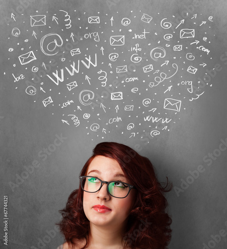 Young woman thinking with social network icons above her head