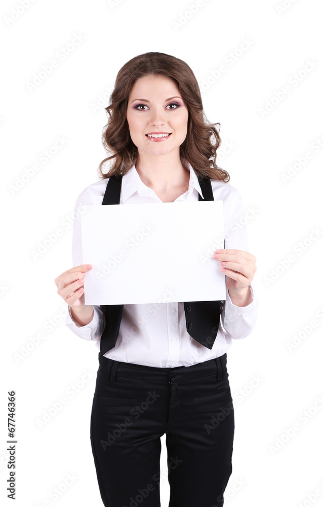 Young business woman with empty paper isolated on white Young business woman with empty paper isolated on white