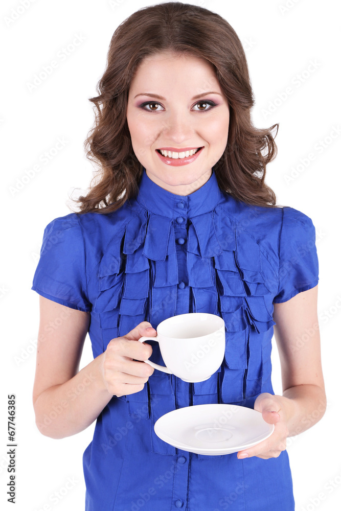 Young business woman with cup isolated on white Young business woman with cup isolated on white