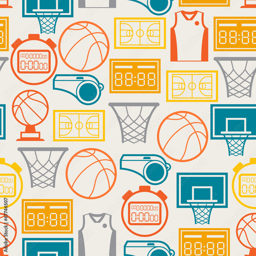 Naklejka premium Sports seamless pattern with basketball icons in flat style.
