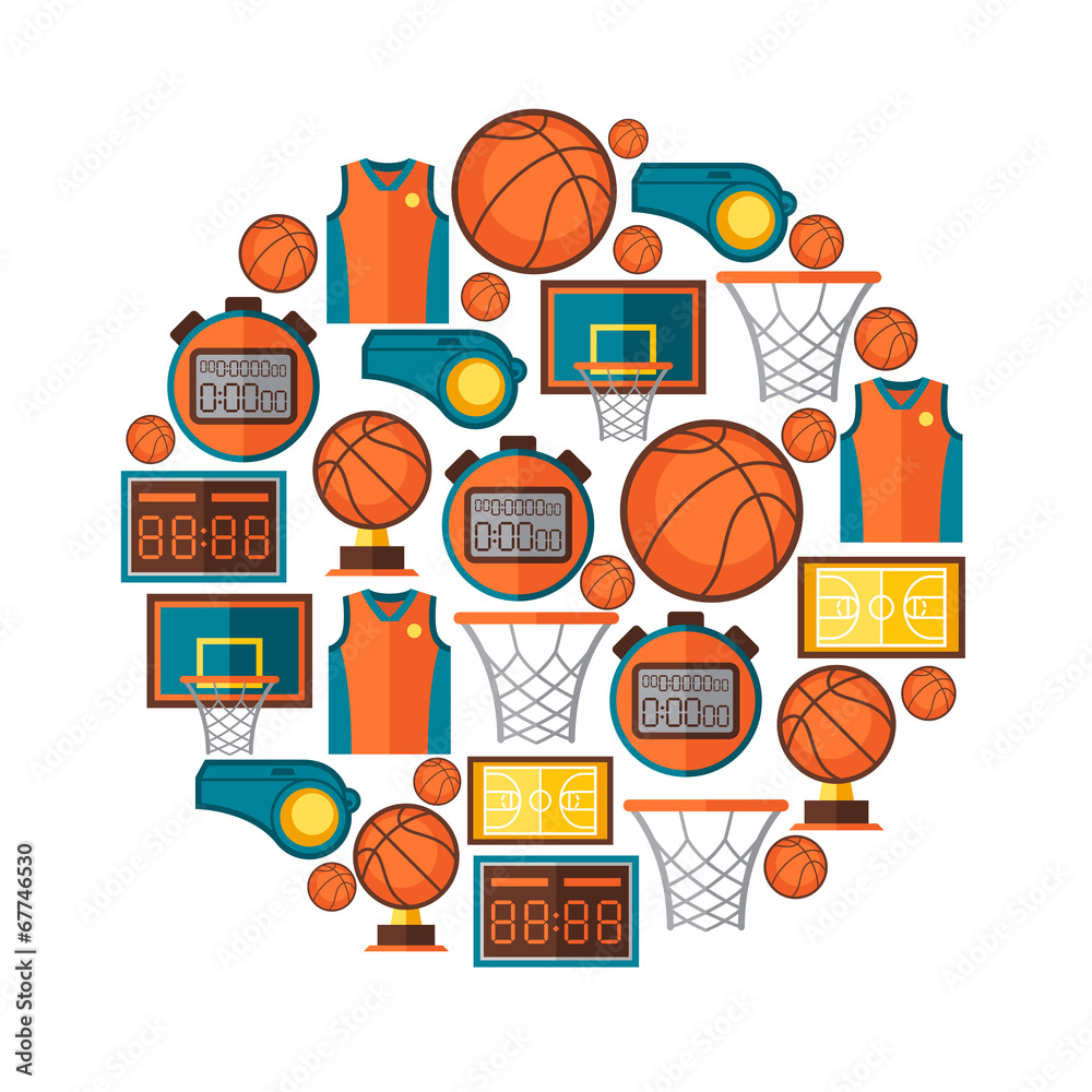 Sports background with basketball icons in flat style.