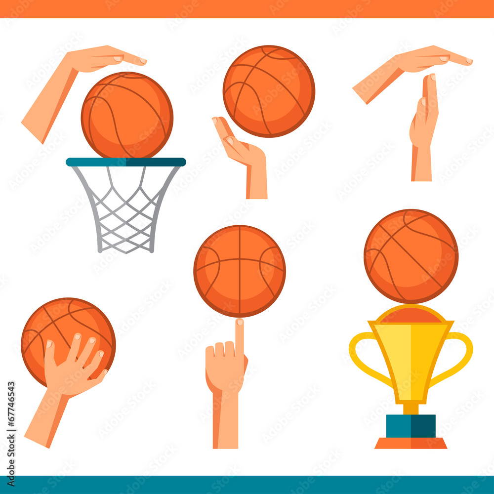 Basketball icon set of gestures and symbols in game.