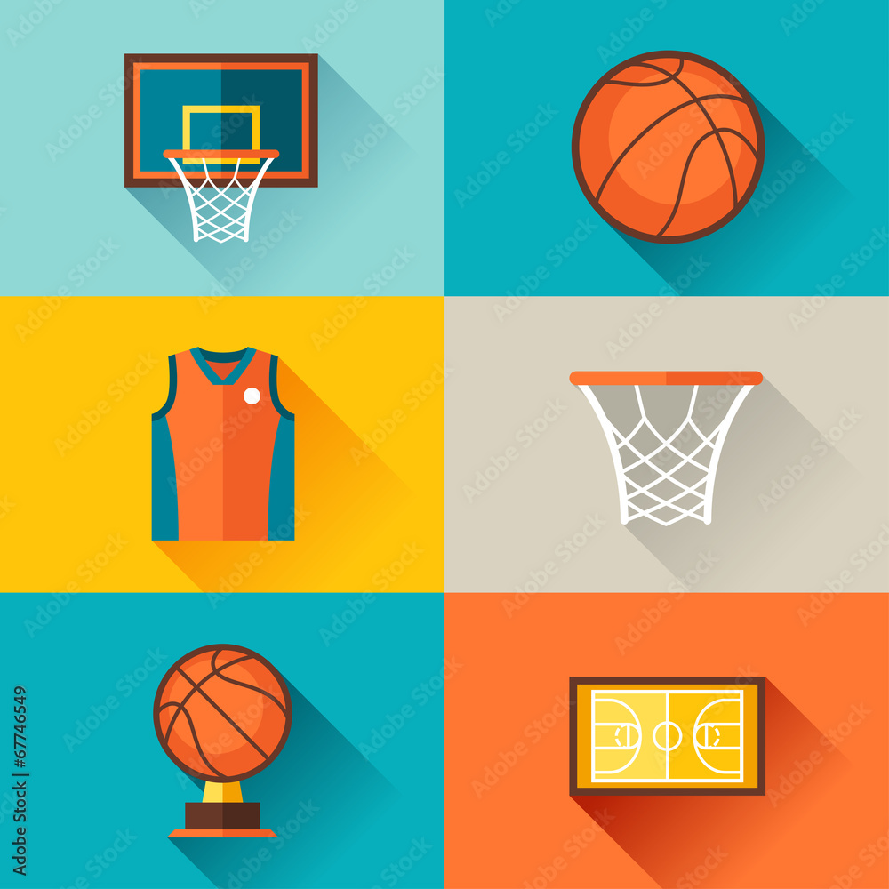 Sports background with basketball icons in flat style.