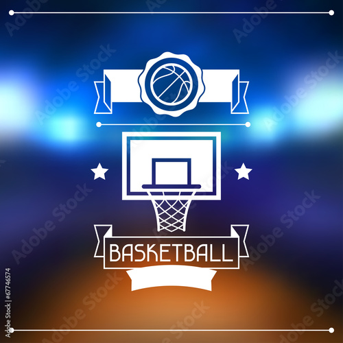 Background with basketball, ball, hoop and labels.