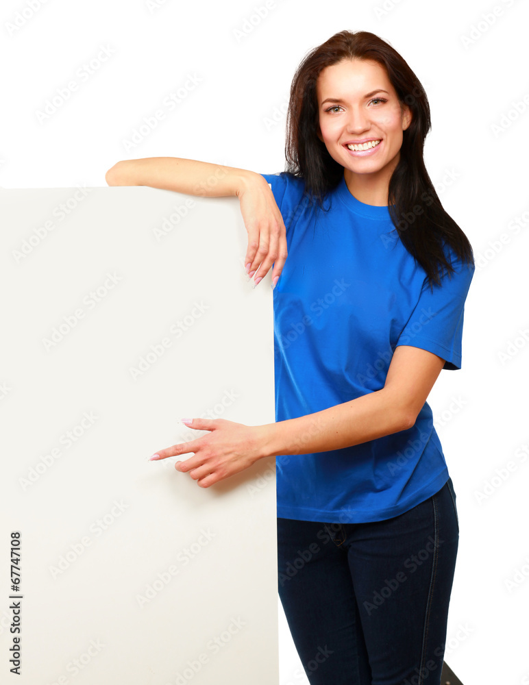 Young woman with blank board banner, isolated on white Young woman with blank board banner, isolated on white